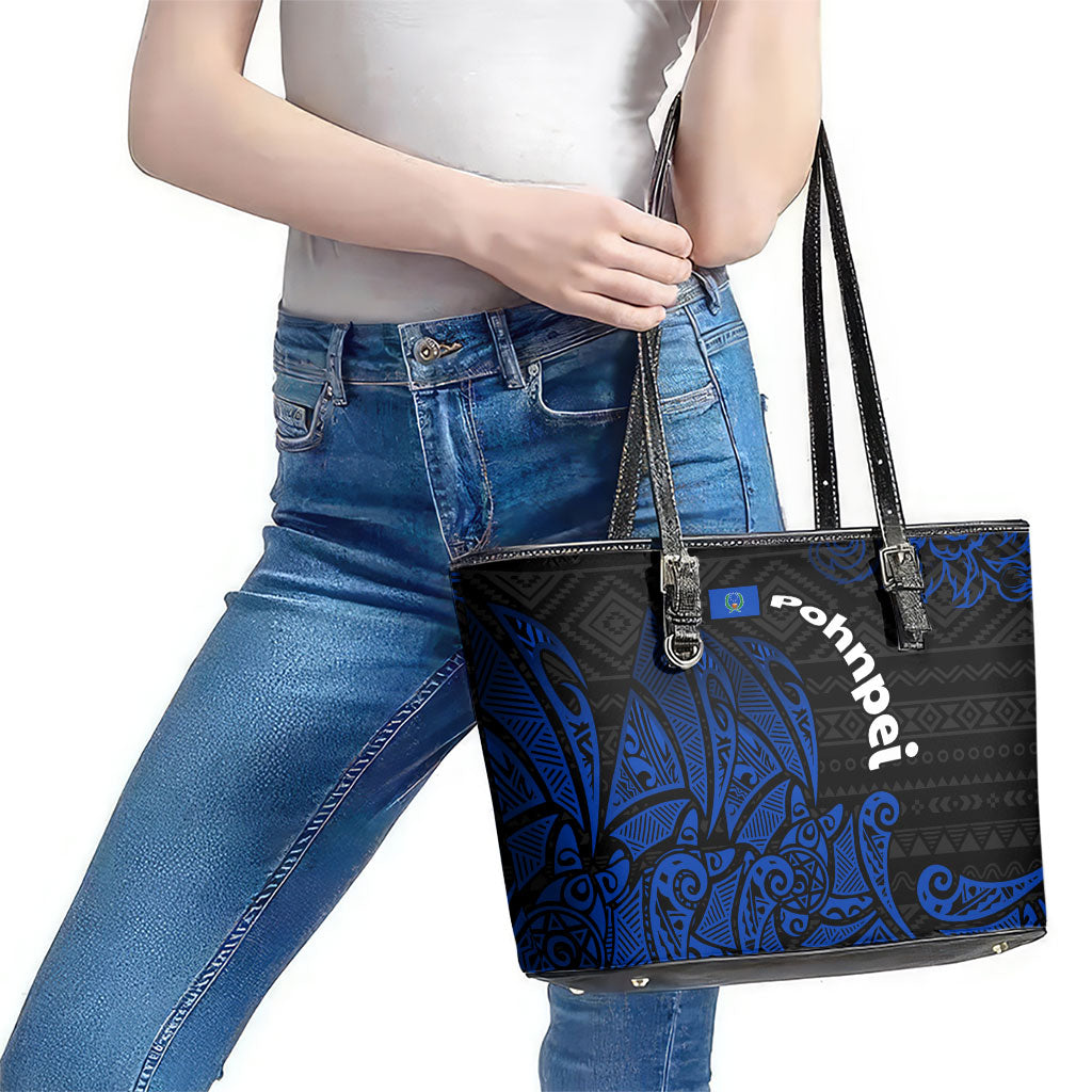 Pohnpei Federated States Of Micronesia Leather Tote Bag Polynesian Tribal Heritage Art With Blue Island Tattoo Patterns