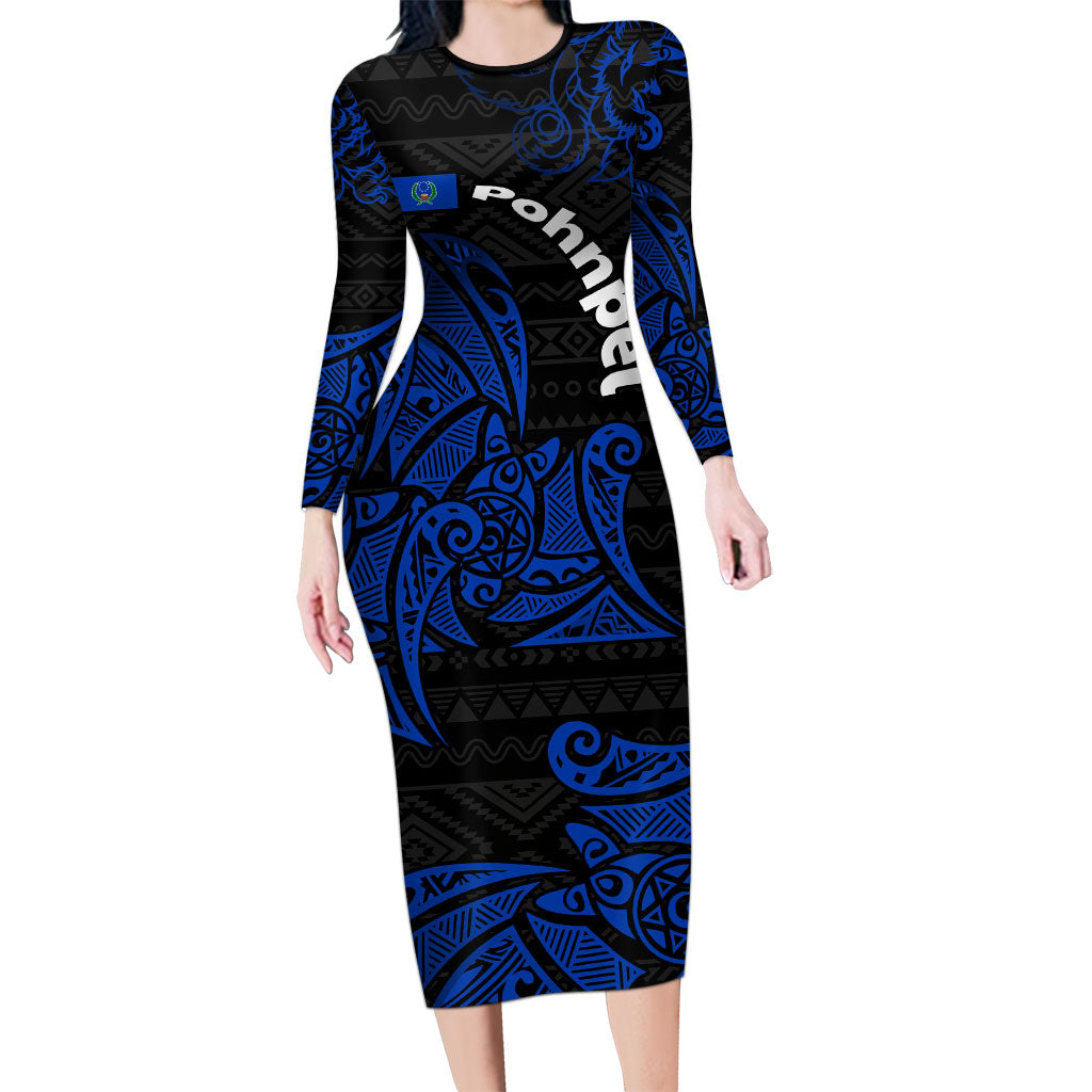 Pohnpei Federated States Of Micronesia Long Sleeve Bodycon Dress Polynesian Tribal Heritage Art With Blue Island Tattoo Patterns TS04 Long Dress Black Blue - Polynesian Pride