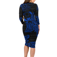Pohnpei Federated States Of Micronesia Long Sleeve Bodycon Dress Polynesian Tribal Heritage Art With Blue Island Tattoo Patterns