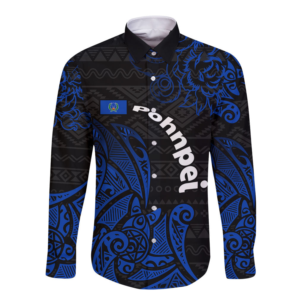 Pohnpei Federated States Of Micronesia Long Sleeve Button Shirt Polynesian Tribal Heritage Art With Blue Island Tattoo Patterns