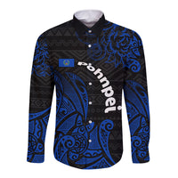 Pohnpei Federated States Of Micronesia Long Sleeve Button Shirt Polynesian Tribal Heritage Art With Blue Island Tattoo Patterns