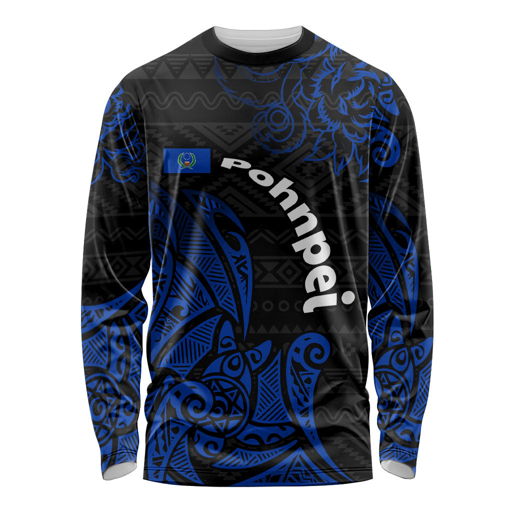 Pohnpei Federated States Of Micronesia Long Sleeve Shirt Polynesian Tribal Heritage Art With Blue Island Tattoo Patterns TS04 Unisex Black Blue - Polynesian Pride