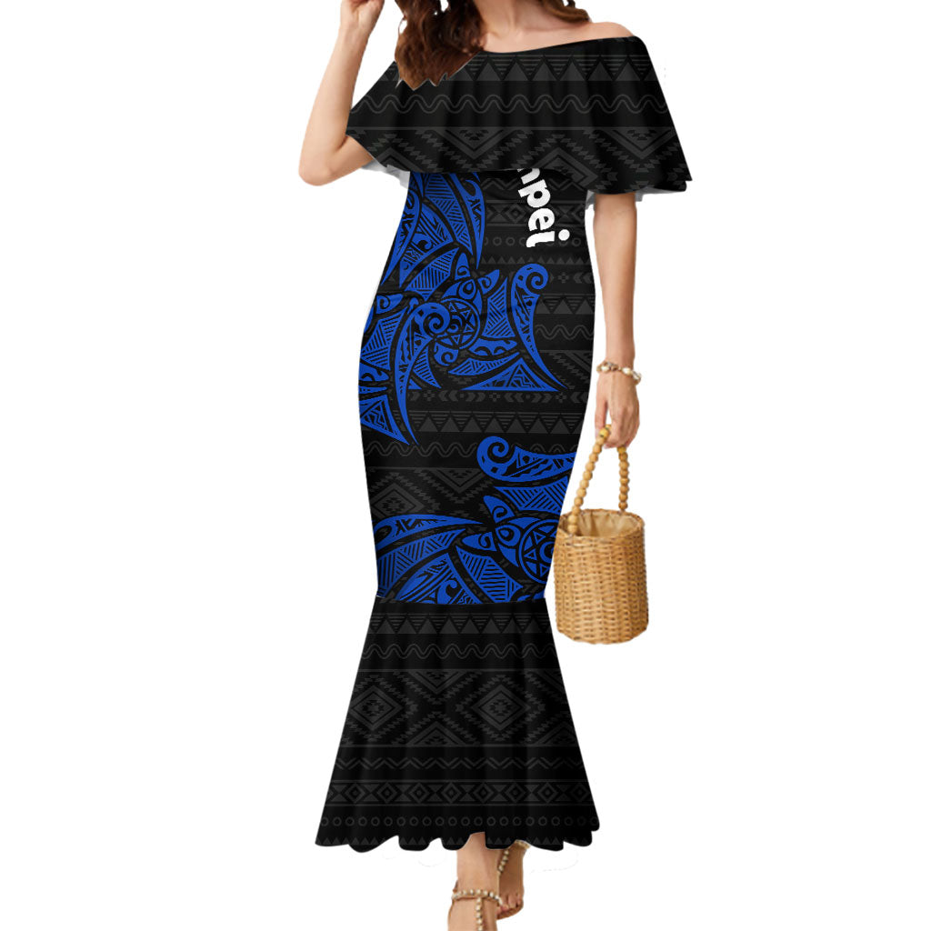 Pohnpei Federated States Of Micronesia Mermaid Dress Polynesian Tribal Heritage Art With Blue Island Tattoo Patterns TS04 Women Black Blue - Polynesian Pride