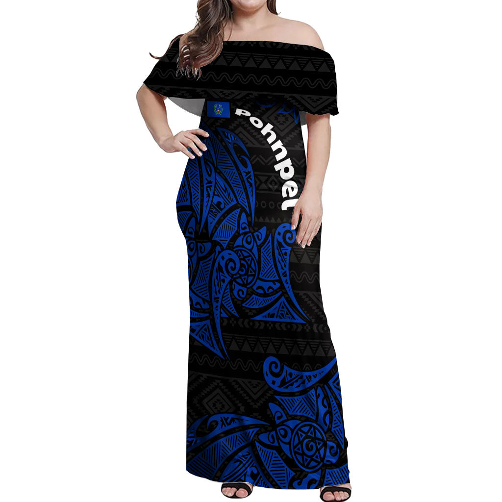 Pohnpei Federated States Of Micronesia Off Shoulder Maxi Dress Polynesian Tribal Heritage Art With Blue Island Tattoo Patterns TS04 Women Black Blue - Polynesian Pride