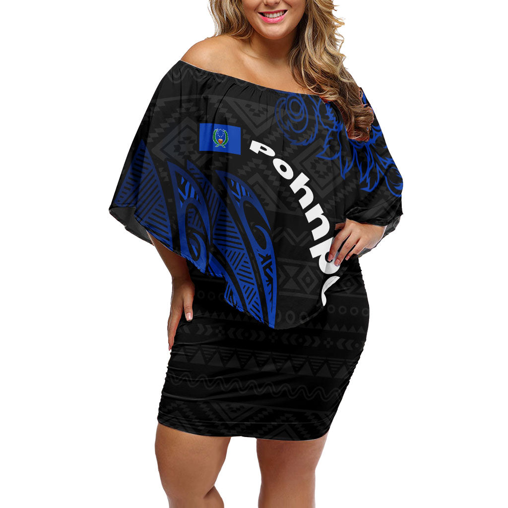 Pohnpei Federated States Of Micronesia Off Shoulder Short Dress Polynesian Tribal Heritage Art With Blue Island Tattoo Patterns TS04 Women Black Blue - Polynesian Pride