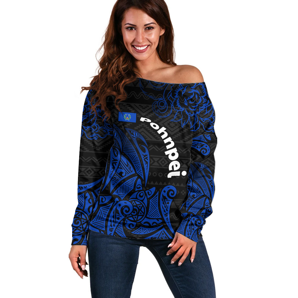 Pohnpei Federated States Of Micronesia Off Shoulder Sweater Polynesian Tribal Heritage Art With Blue Island Tattoo Patterns TS04 Women Black Blue - Polynesian Pride