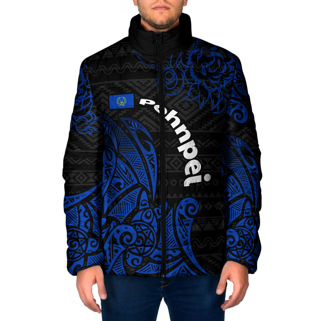 Pohnpei Federated States Of Micronesia Padded Jacket Polynesian Tribal Heritage Art With Blue Island Tattoo Patterns
