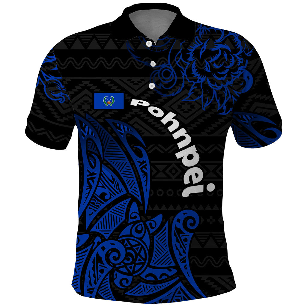 Pohnpei Federated States Of Micronesia Polo Shirt Polynesian Tribal Heritage Art With Blue Island Tattoo Patterns TS04 Black Blue - Polynesian Pride
