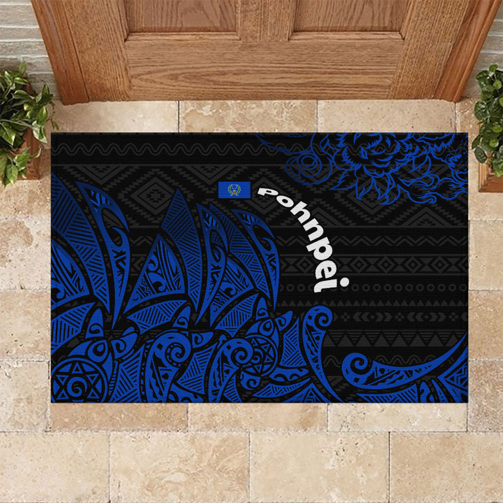 Pohnpei Federated States Of Micronesia Rubber Doormat Polynesian Tribal Heritage Art With Blue Island Tattoo Patterns TS04 Black Blue - Polynesian Pride