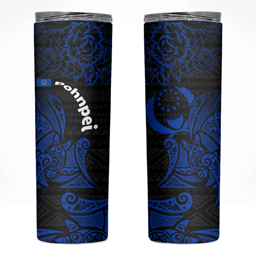 Pohnpei Federated States Of Micronesia Skinny Tumbler Polynesian Tribal Heritage Art With Blue Island Tattoo Patterns TS04 Black Blue - Polynesian Pride