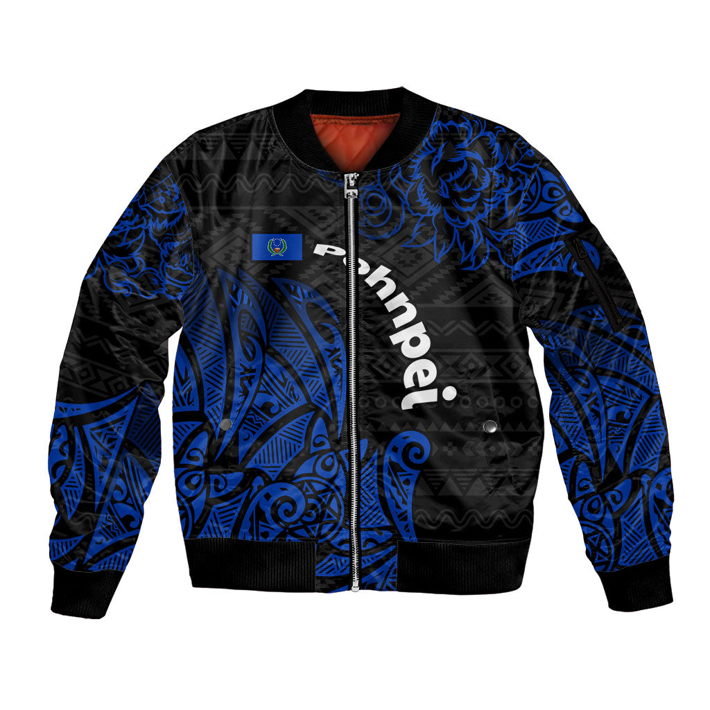 Pohnpei Federated States Of Micronesia Sleeve Zip Bomber Jacket Polynesian Tribal Heritage Art With Blue Island Tattoo Patterns TS04 Unisex Black Blue - Polynesian Pride