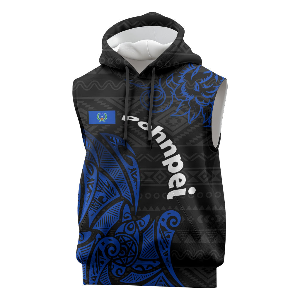 Pohnpei Federated States Of Micronesia Sleeveless Hoodie Polynesian Tribal Heritage Art With Blue Island Tattoo Patterns TS04 Black Blue - Polynesian Pride