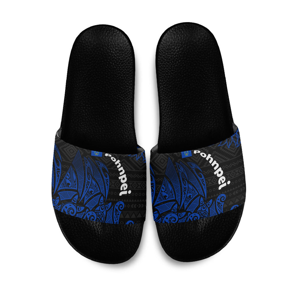 Pohnpei Federated States Of Micronesia Slide Sandals Polynesian Tribal Heritage Art With Blue Island Tattoo Patterns TS04 Black Blue - Polynesian Pride