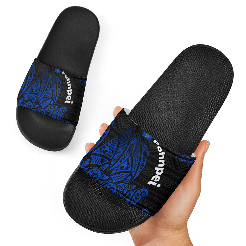 Pohnpei Federated States Of Micronesia Slide Sandals Polynesian Tribal Heritage Art With Blue Island Tattoo Patterns