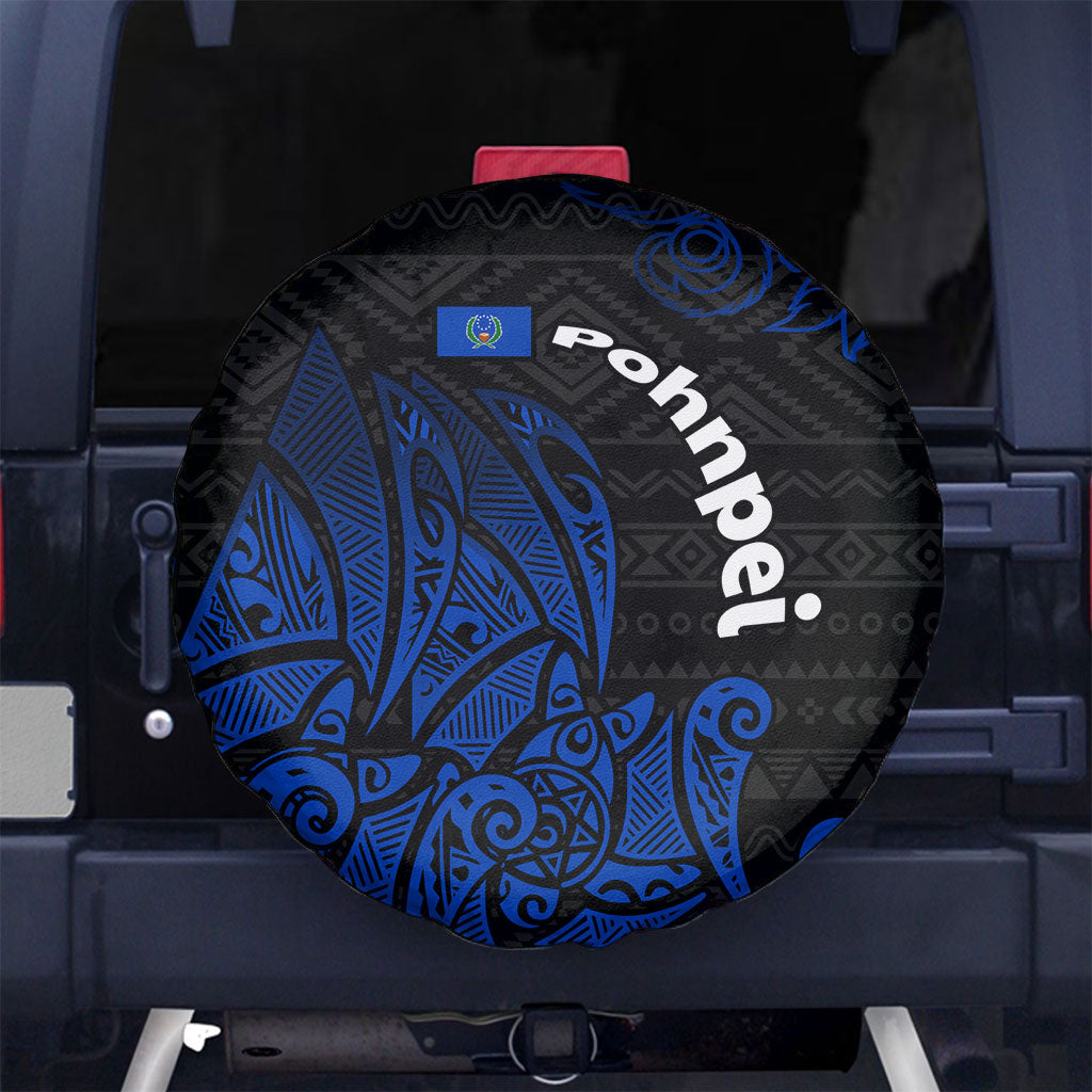 Pohnpei Federated States Of Micronesia Spare Tire Cover Polynesian Tribal Heritage Art With Blue Island Tattoo Patterns TS04 No hole Black Blue - Polynesian Pride