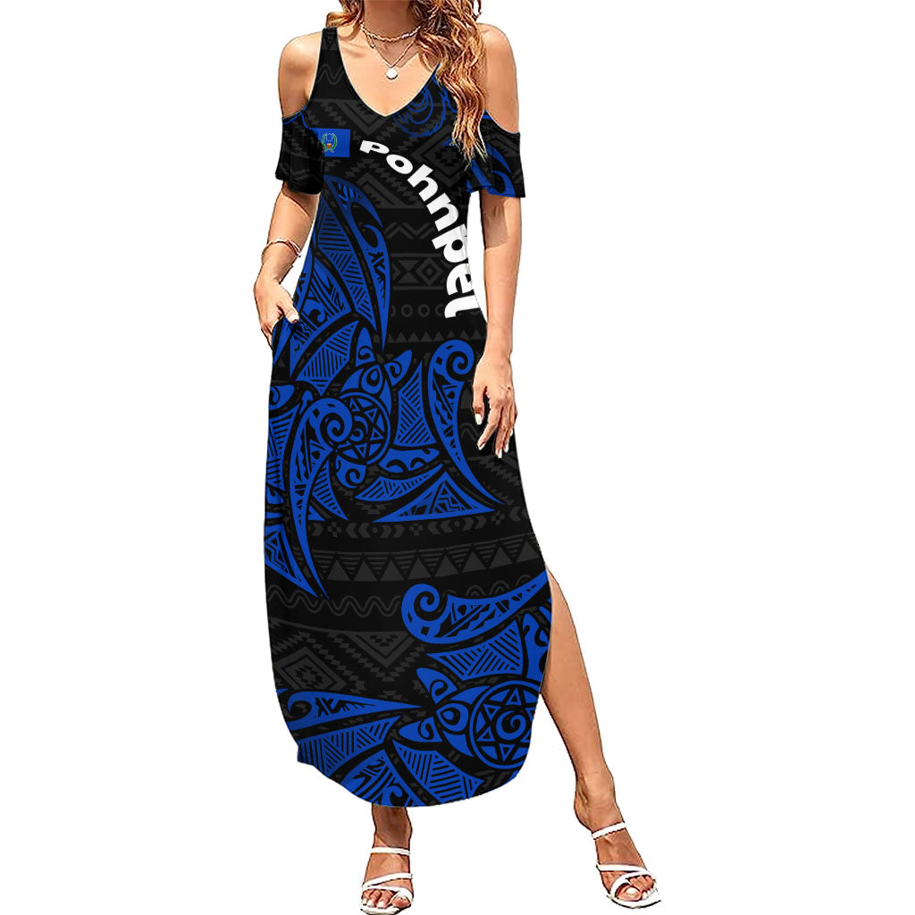 Pohnpei Federated States Of Micronesia Summer Maxi Dress Polynesian Tribal Heritage Art With Blue Island Tattoo Patterns TS04 Women Black Blue - Polynesian Pride