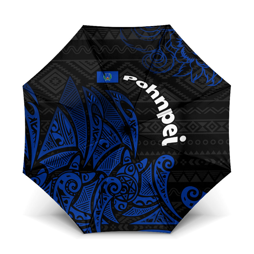 Pohnpei Federated States Of Micronesia Umbrella Polynesian Tribal Heritage Art With Blue Island Tattoo Patterns TS04 One Size Folded 11.42 inch Opened Diameter 37.4 inch Black Blue - Polynesian Pride