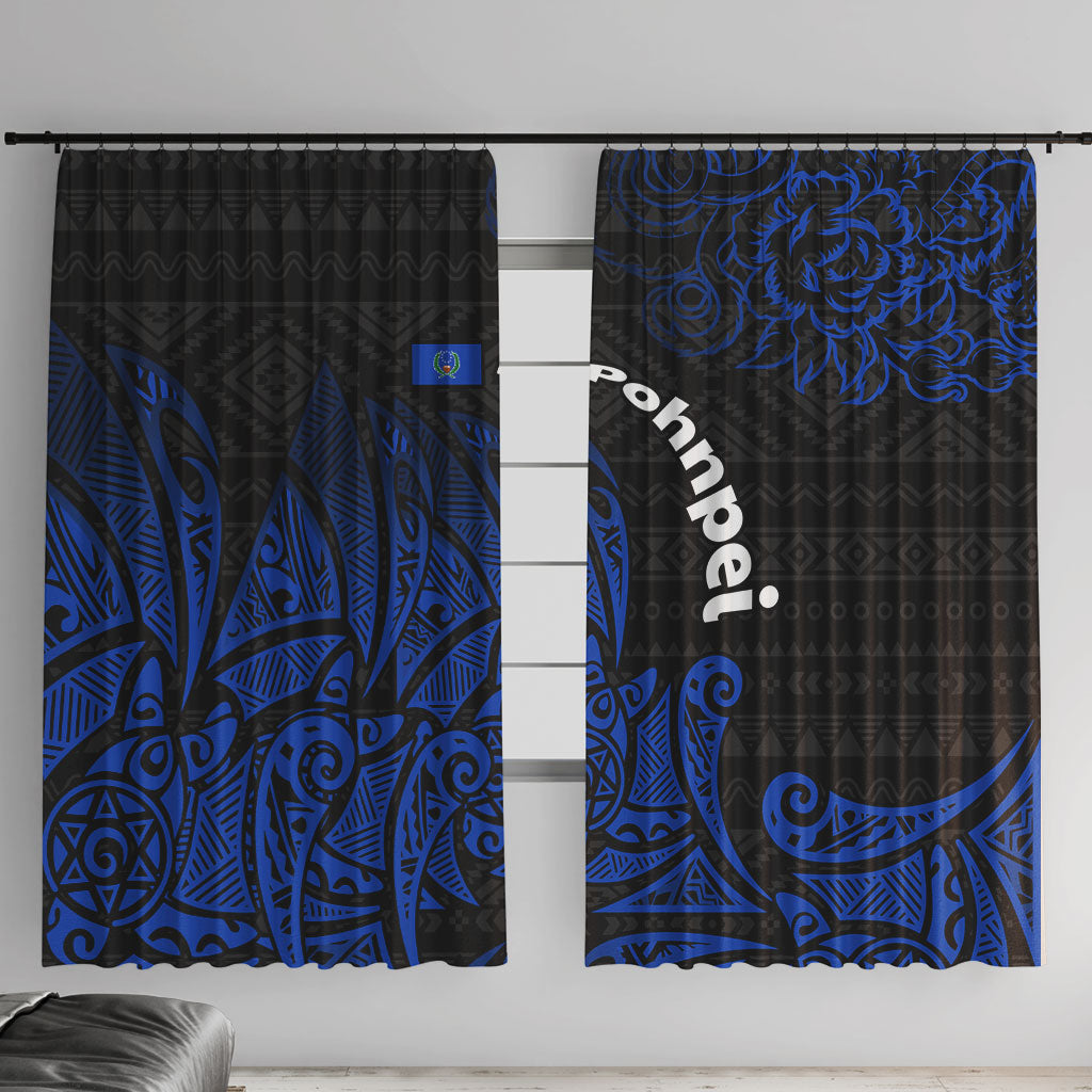 Pohnpei Federated States Of Micronesia Window Curtain Polynesian Tribal Heritage Art With Blue Island Tattoo Patterns TS04 With Hooks Black Blue - Polynesian Pride