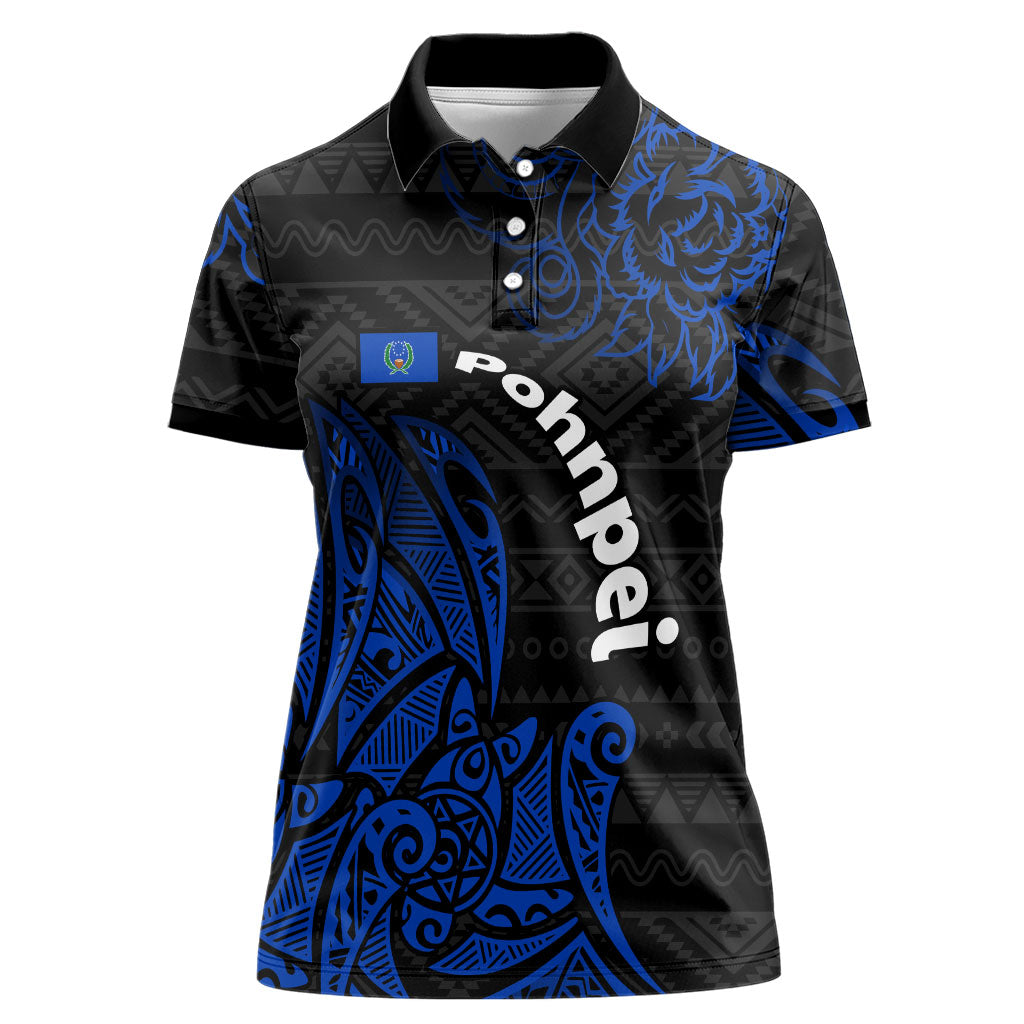Pohnpei Federated States Of Micronesia Women Polo Shirt Polynesian Tribal Heritage Art With Blue Island Tattoo Patterns TS04 Female Black Blue - Polynesian Pride