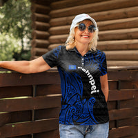 Pohnpei Federated States Of Micronesia Women Polo Shirt Polynesian Tribal Heritage Art With Blue Island Tattoo Patterns