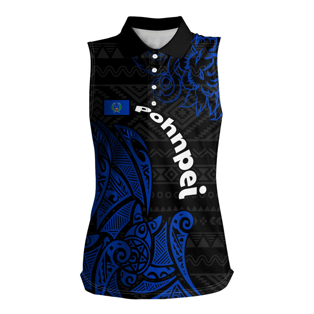 Pohnpei Federated States Of Micronesia Women Sleeveless Polo Shirt Polynesian Tribal Heritage Art With Blue Island Tattoo Patterns