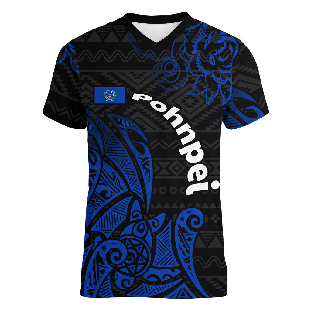 Pohnpei Federated States Of Micronesia Women V-Neck T-Shirt Polynesian Tribal Heritage Art With Blue Island Tattoo Patterns TS04 Female Black Blue - Polynesian Pride