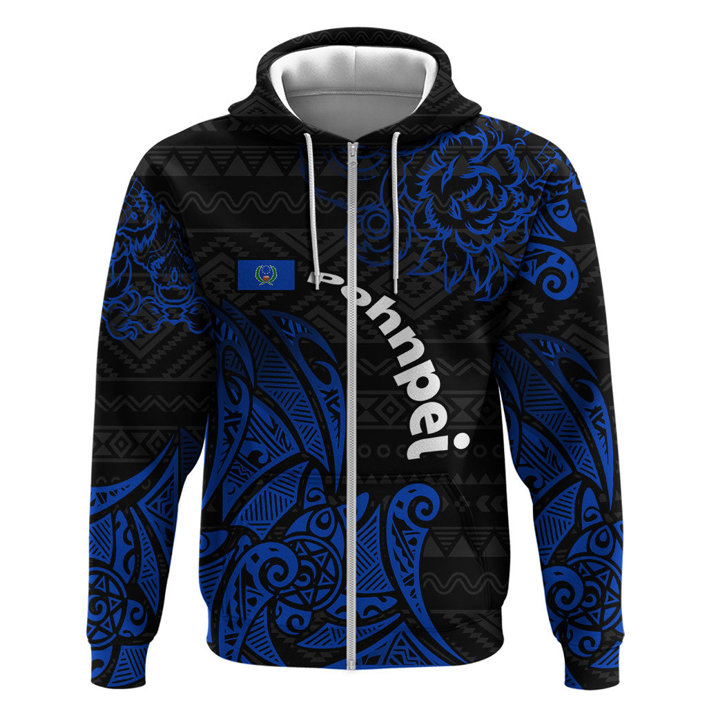 Pohnpei Federated States Of Micronesia Zip Hoodie Polynesian Tribal Heritage Art With Blue Island Tattoo Patterns TS04 Zip Hoodie Black Blue - Polynesian Pride