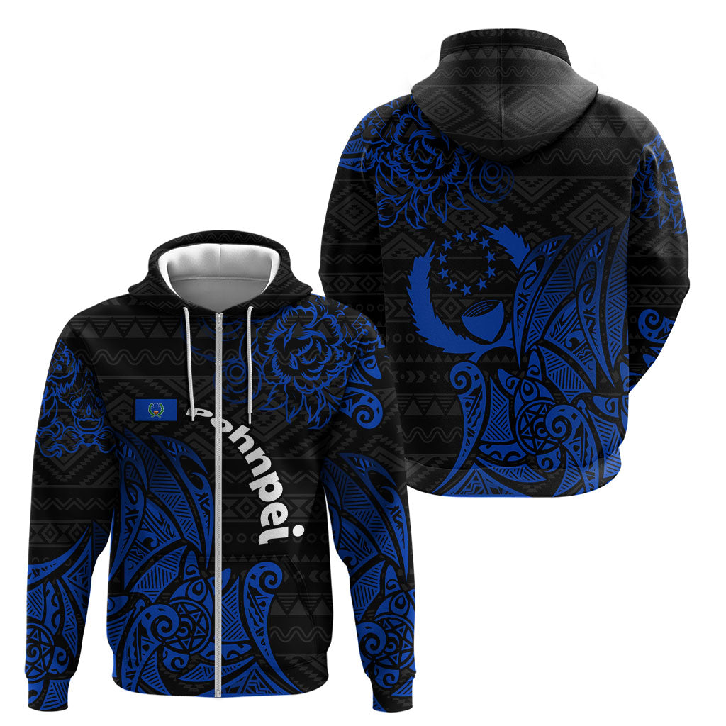 Pohnpei Federated States Of Micronesia Zip Hoodie Polynesian Tribal Heritage Art With Blue Island Tattoo Patterns