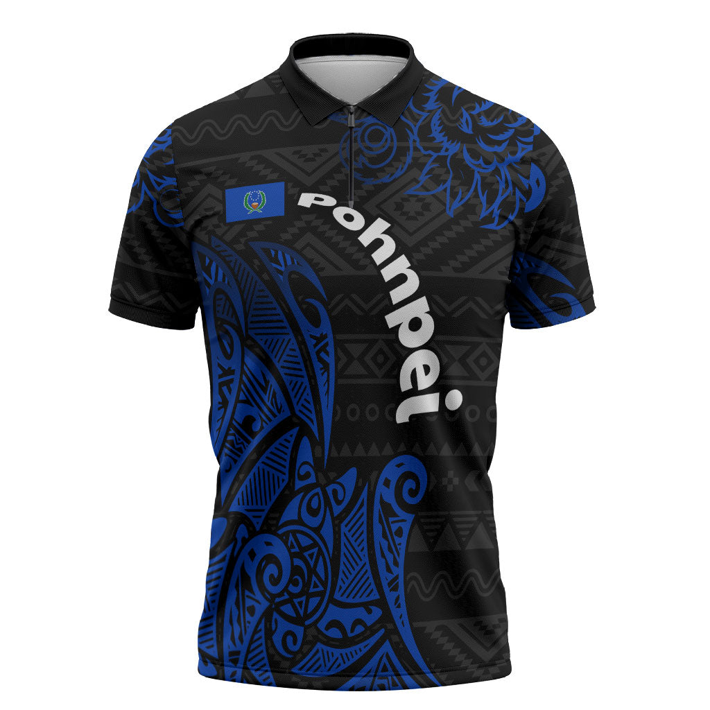 Pohnpei Federated States Of Micronesia Zipper Polo Shirt Polynesian Tribal Heritage Art With Blue Island Tattoo Patterns TS04 Black Blue - Polynesian Pride