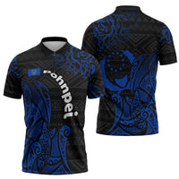 Pohnpei Federated States Of Micronesia Zipper Polo Shirt Polynesian Tribal Heritage Art With Blue Island Tattoo Patterns