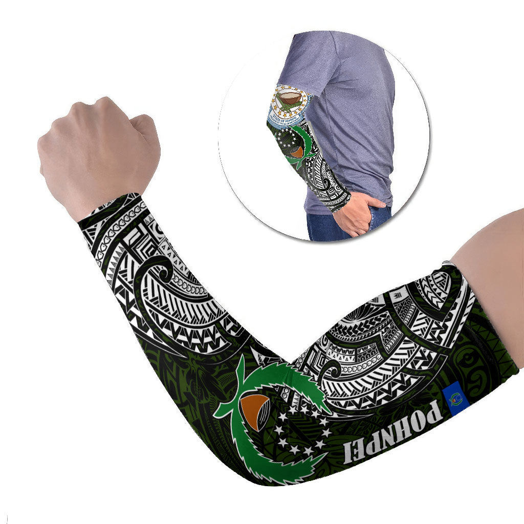 Pohnpei Federated States Of Micronesia Arm Sleeves Polynesian Tribal Heritage Art With Kaselehlie State Seal TS04 Set of 2 Green White - Polynesian Pride