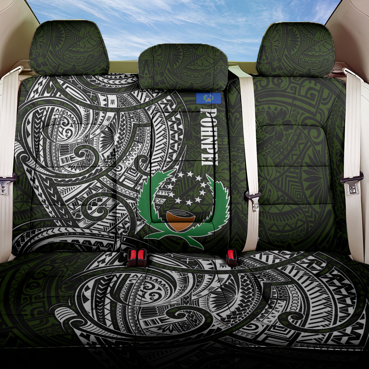 Pohnpei Federated States Of Micronesia Back Car Seat Cover Polynesian Tribal Heritage Art With Kaselehlie State Seal TS04 One Size Green White - Polynesian Pride