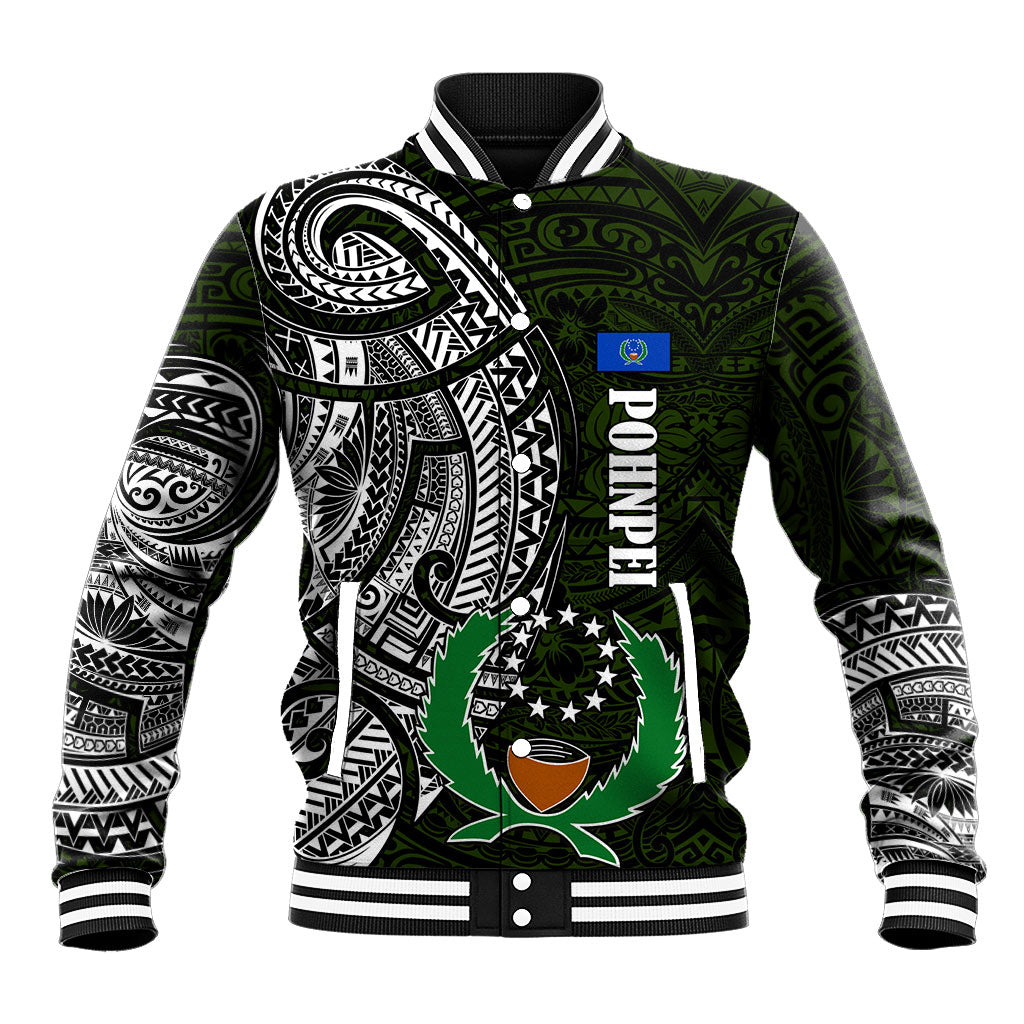 Pohnpei Federated States Of Micronesia Baseball Jacket Polynesian Tribal Heritage Art With Kaselehlie State Seal TS04 Unisex Green White - Polynesian Pride