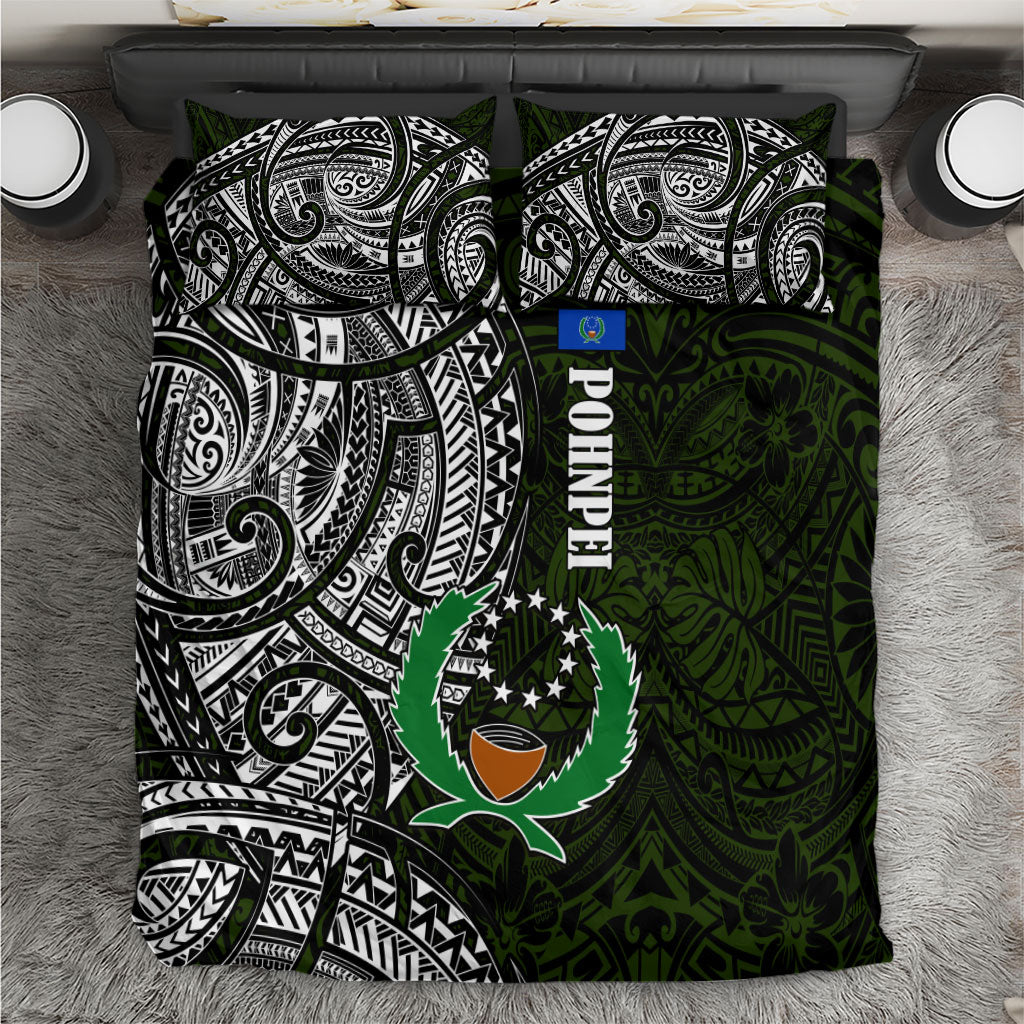 Pohnpei Federated States Of Micronesia Bedding Set Polynesian Tribal Heritage Art With Kaselehlie State Seal TS04 Green White - Polynesian Pride