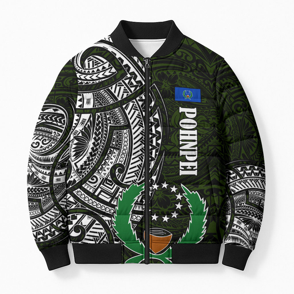 Pohnpei Federated States Of Micronesia Bomber Puffer Jacket Polynesian Tribal Heritage Art With Kaselehlie State Seal TS04 Unisex Green White - Polynesian Pride