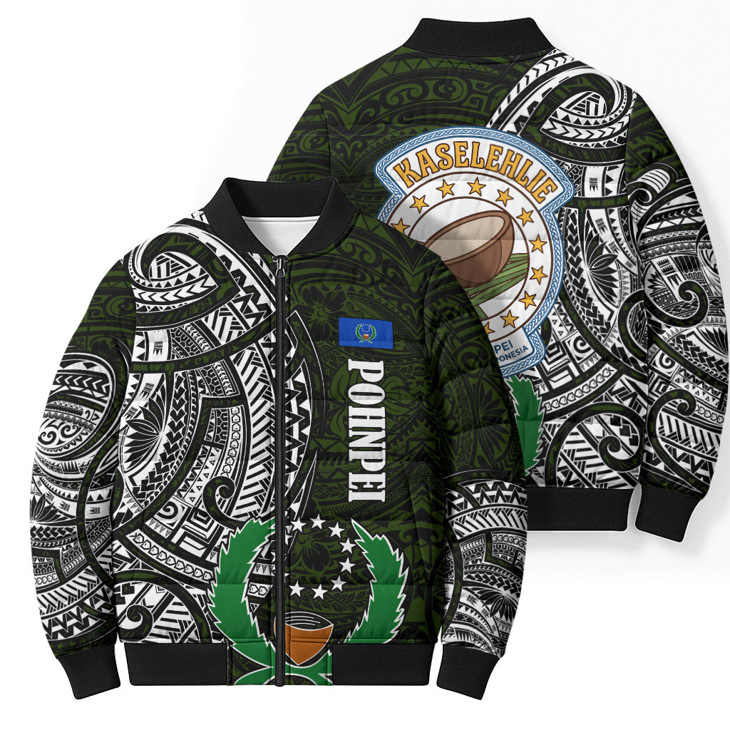Pohnpei Federated States Of Micronesia Bomber Puffer Jacket Polynesian Tribal Heritage Art With Kaselehlie State Seal