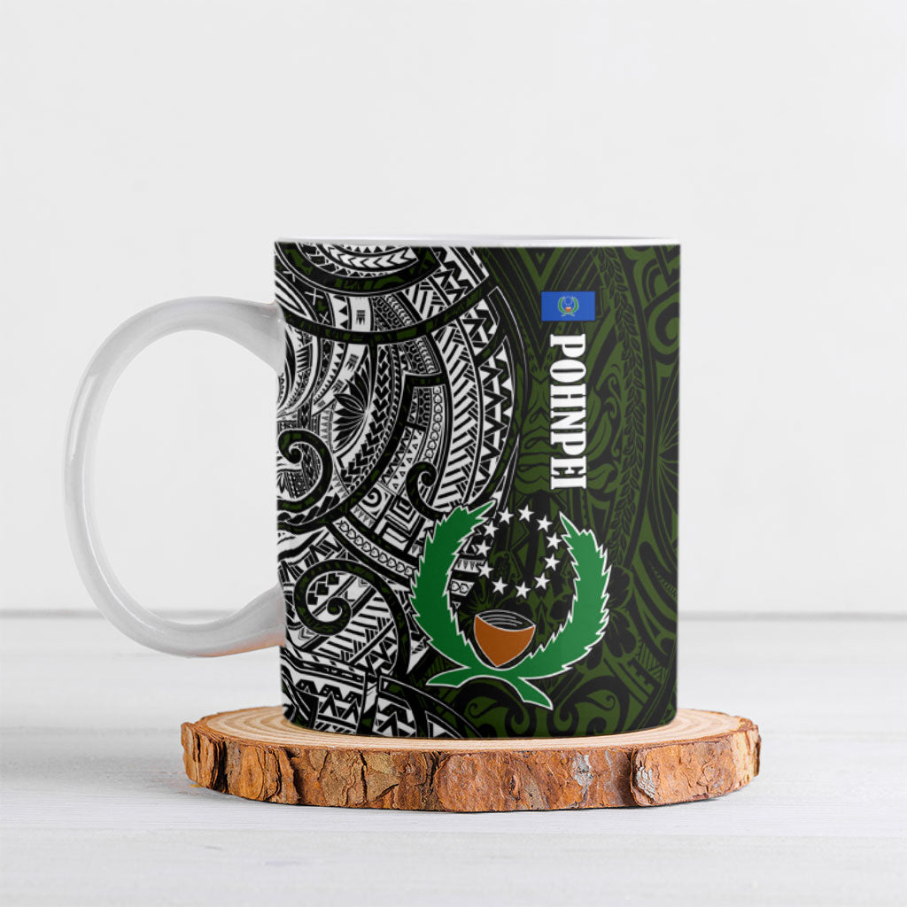 Pohnpei Federated States Of Micronesia Ceramic Mug Polynesian Tribal Heritage Art With Kaselehlie State Seal TS04 Green White - Polynesian Pride