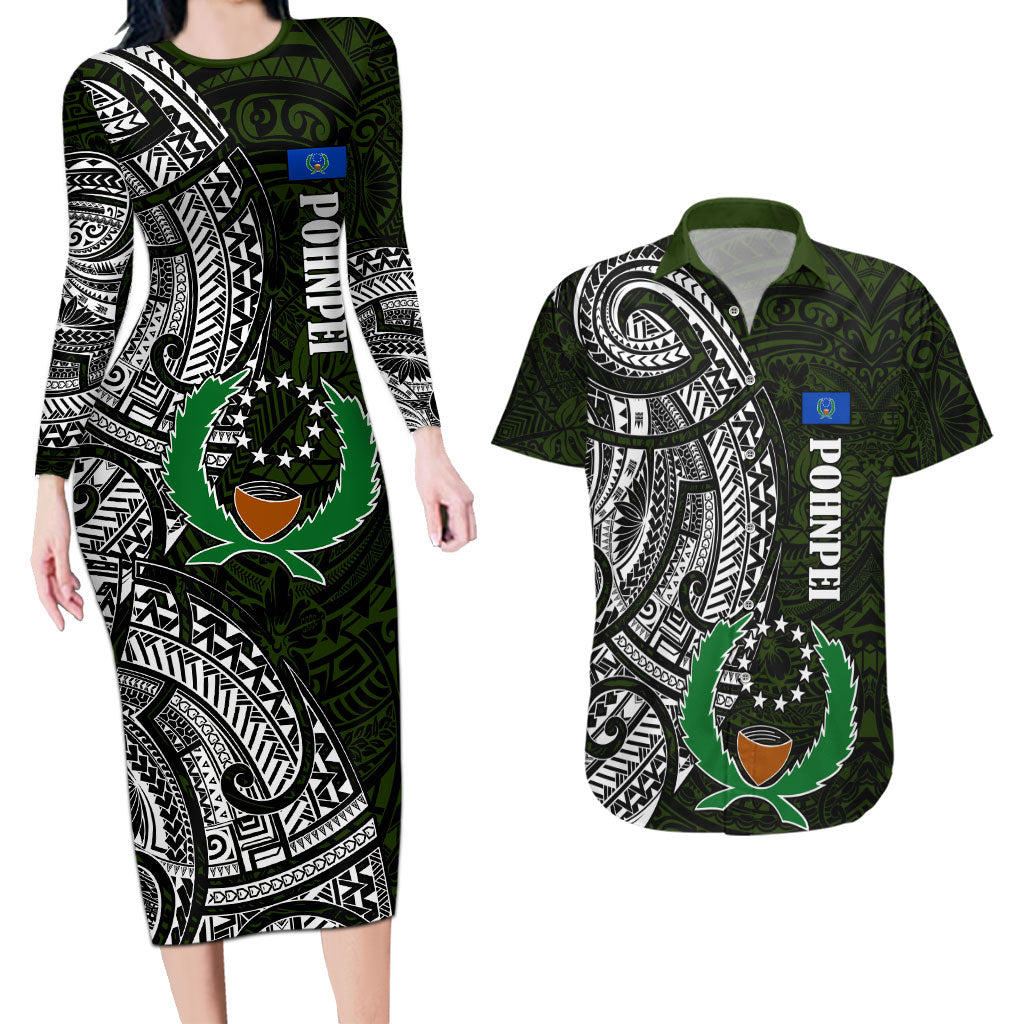 Pohnpei Federated States Of Micronesia Couples Matching Long Sleeve Bodycon Dress and Hawaiian Shirt Polynesian Tribal Heritage Art With Kaselehlie State Seal TS04 Green White - Polynesian Pride