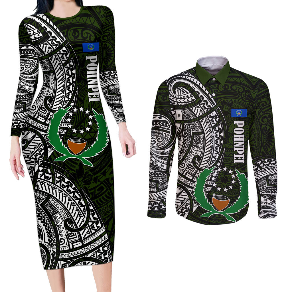 Pohnpei Federated States Of Micronesia Couples Matching Long Sleeve Bodycon Dress and Long Sleeve Button Shirt Polynesian Tribal Heritage Art With Kaselehlie State Seal