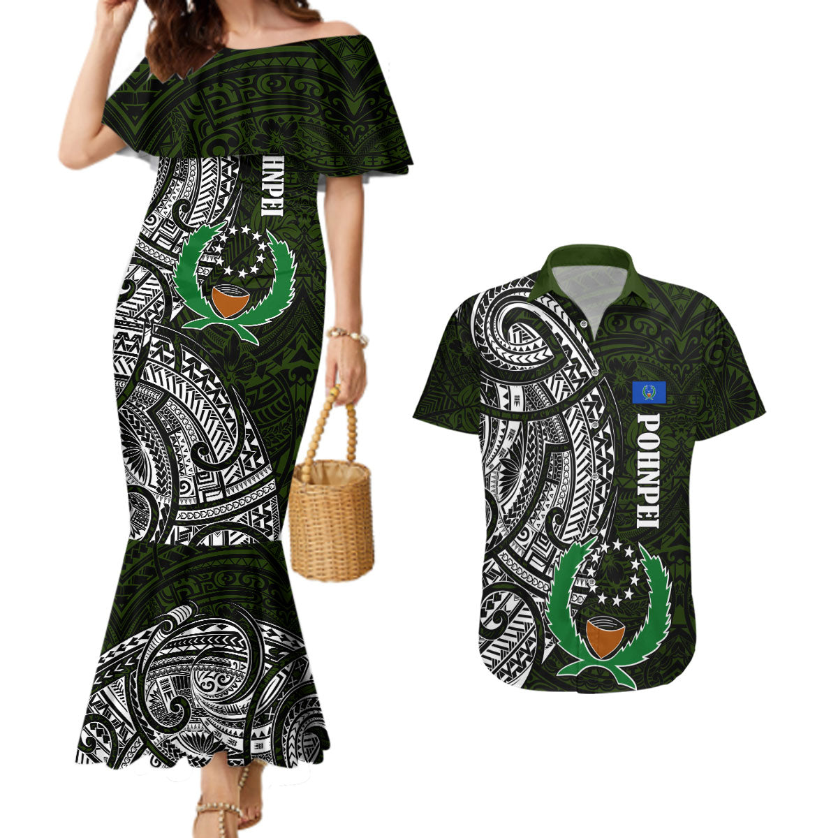 Pohnpei Federated States Of Micronesia Couples Matching Mermaid Dress and Hawaiian Shirt Polynesian Tribal Heritage Art With Kaselehlie State Seal TS04 Green White - Polynesian Pride