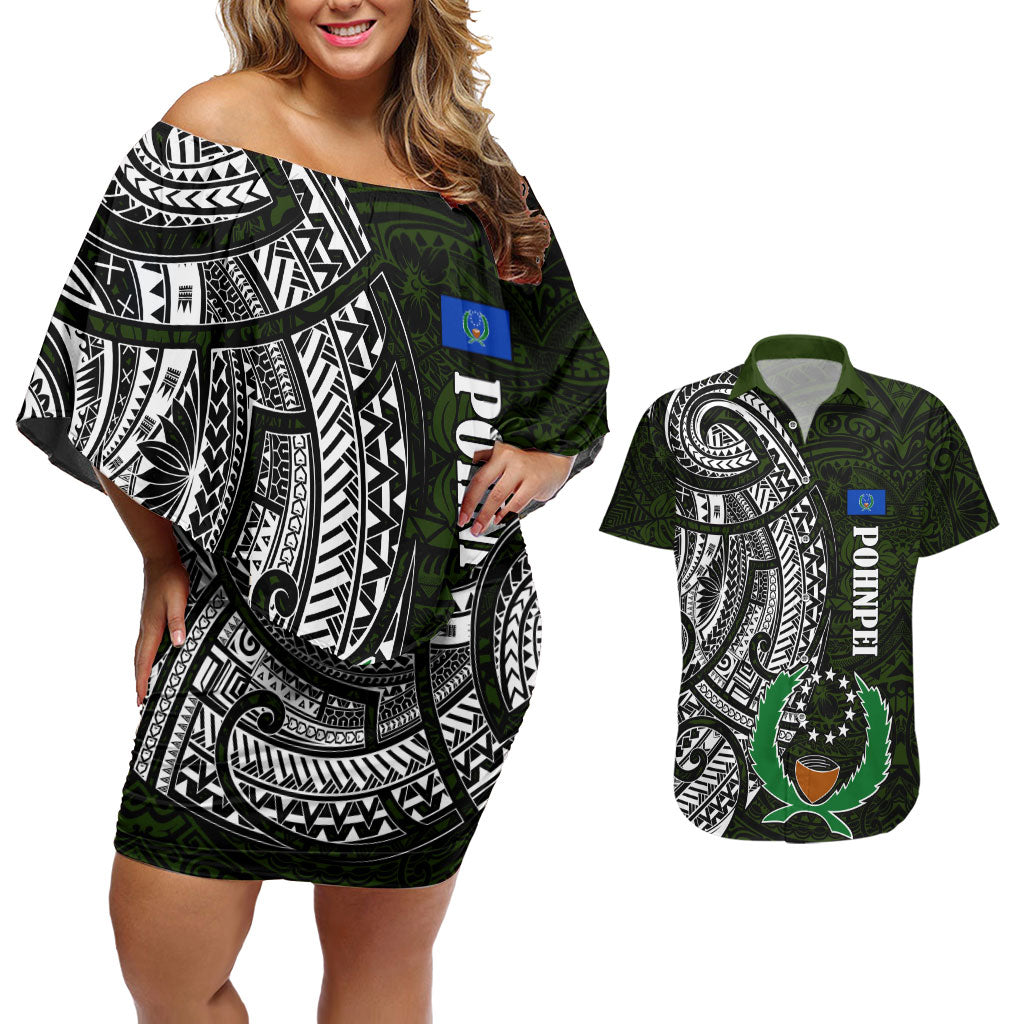 Pohnpei Federated States Of Micronesia Couples Matching Off Shoulder Short Dress and Hawaiian Shirt Polynesian Tribal Heritage Art With Kaselehlie State Seal TS04 Green White - Polynesian Pride