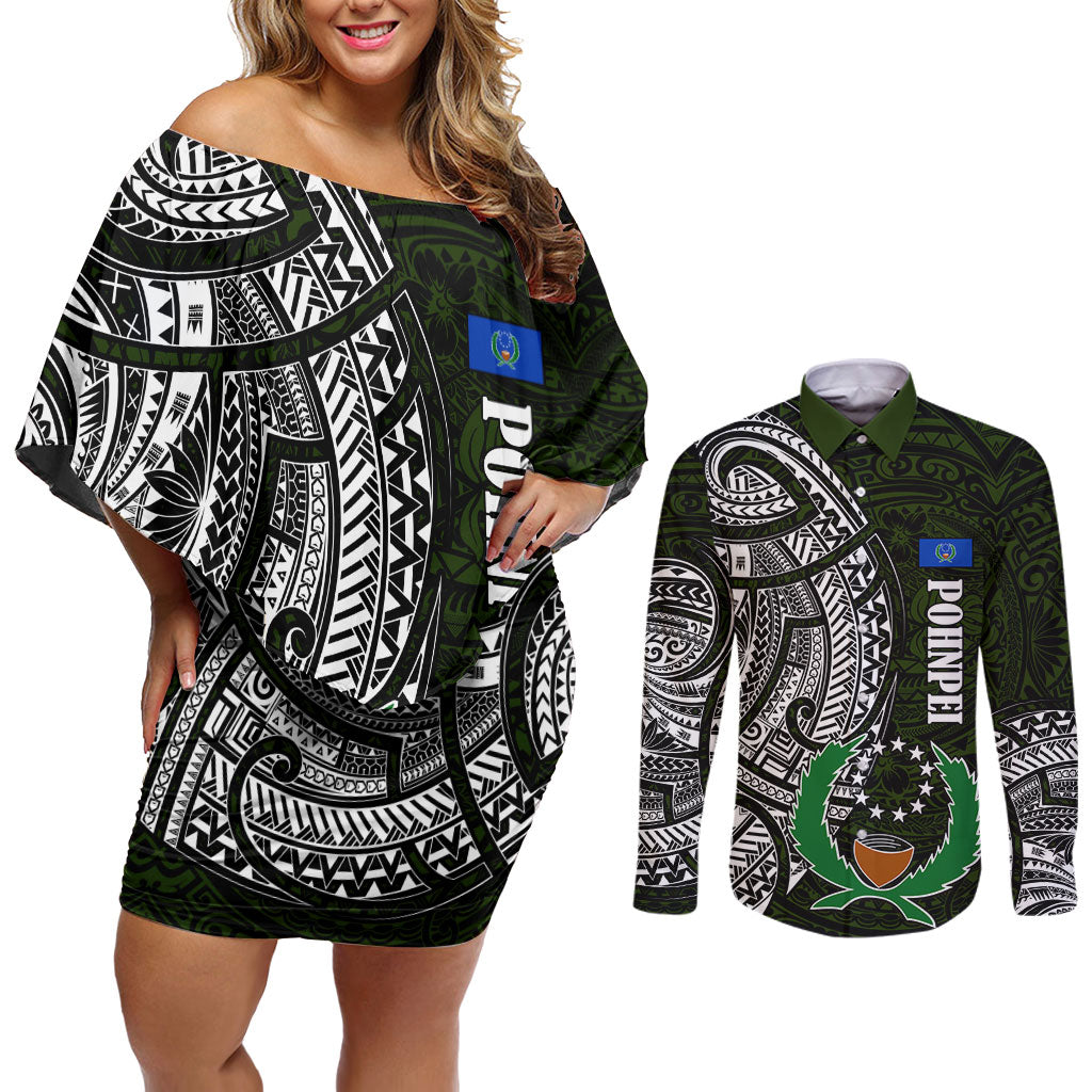 Pohnpei Federated States Of Micronesia Couples Matching Off Shoulder Short Dress and Long Sleeve Button Shirt Polynesian Tribal Heritage Art With Kaselehlie State Seal TS04 Green White - Polynesian Pride