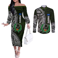 Pohnpei Federated States Of Micronesia Couples Matching Off The Shoulder Long Sleeve Dress and Long Sleeve Button Shirt Polynesian Tribal Heritage Art With Kaselehlie State Seal