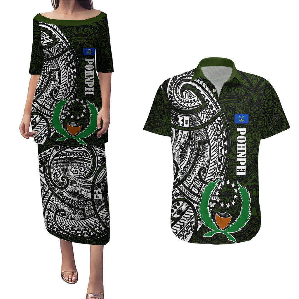 Pohnpei Federated States Of Micronesia Couples Matching Puletasi and Hawaiian Shirt Polynesian Tribal Heritage Art With Kaselehlie State Seal TS04 Green White - Polynesian Pride