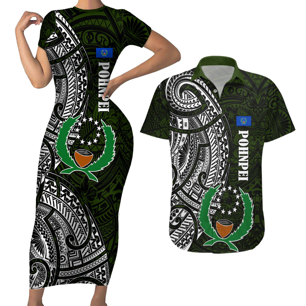 Pohnpei Federated States Of Micronesia Couples Matching Short Sleeve Bodycon Dress and Hawaiian Shirt Polynesian Tribal Heritage Art With Kaselehlie State Seal TS04 Green White - Polynesian Pride