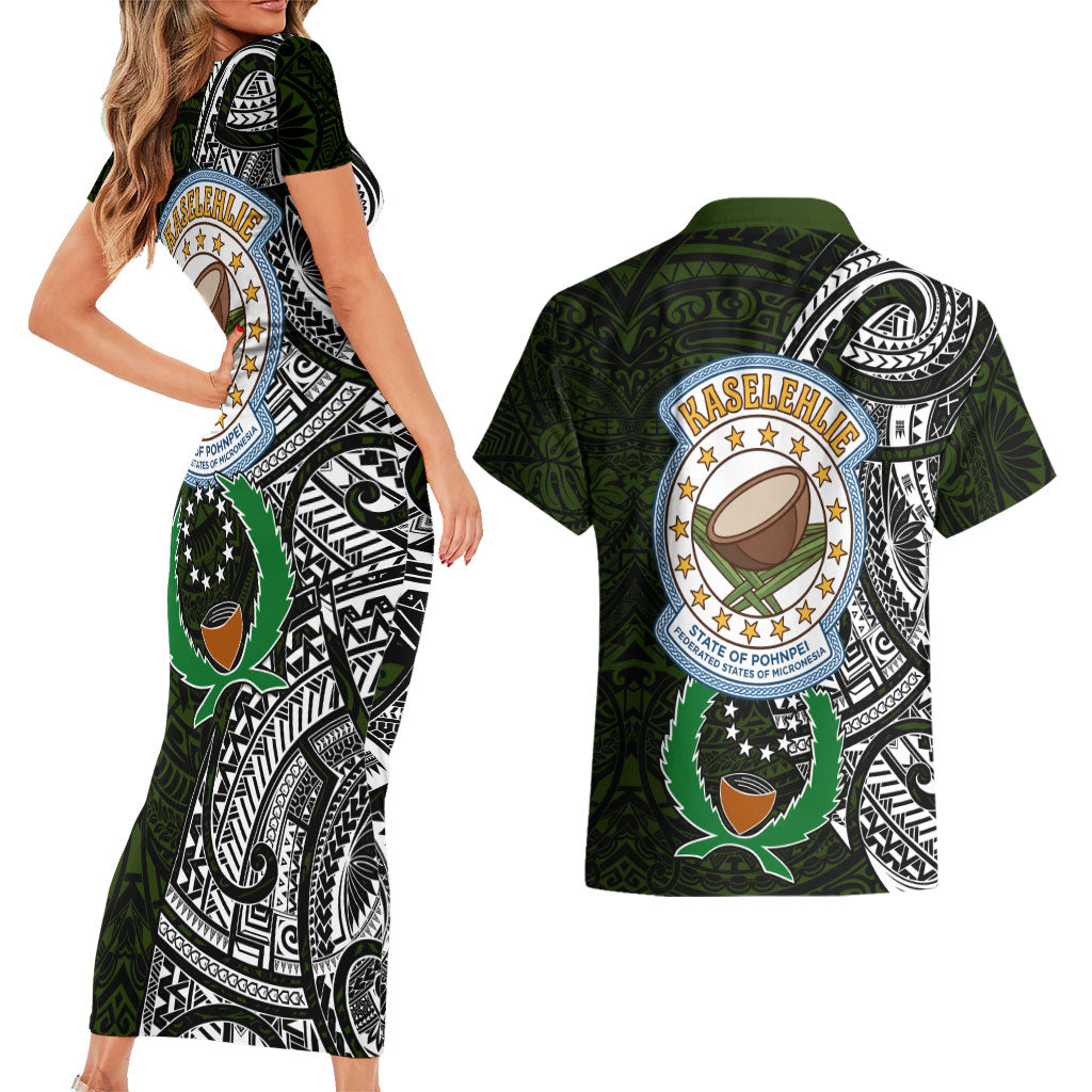 Pohnpei Federated States Of Micronesia Couples Matching Short Sleeve Bodycon Dress and Hawaiian Shirt Polynesian Tribal Heritage Art With Kaselehlie State Seal