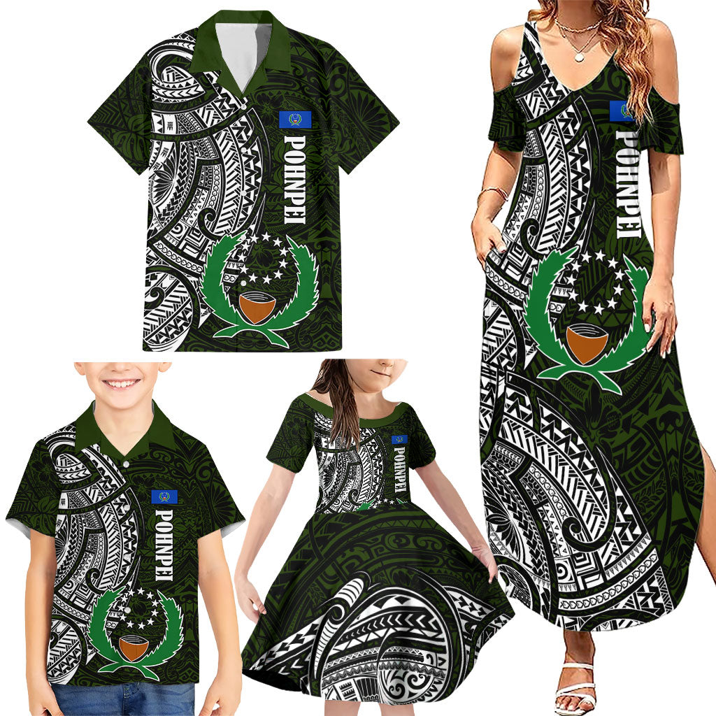 Pohnpei Federated States Of Micronesia Family Matching Summer Maxi Dress and Hawaiian Shirt Polynesian Tribal Heritage Art With Kaselehlie State Seal