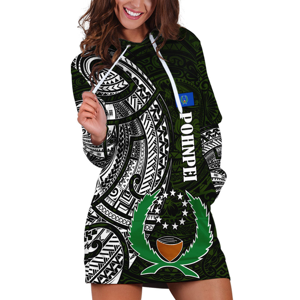 Pohnpei Federated States Of Micronesia Hoodie Dress Polynesian Tribal Heritage Art With Kaselehlie State Seal TS04 Green White - Polynesian Pride