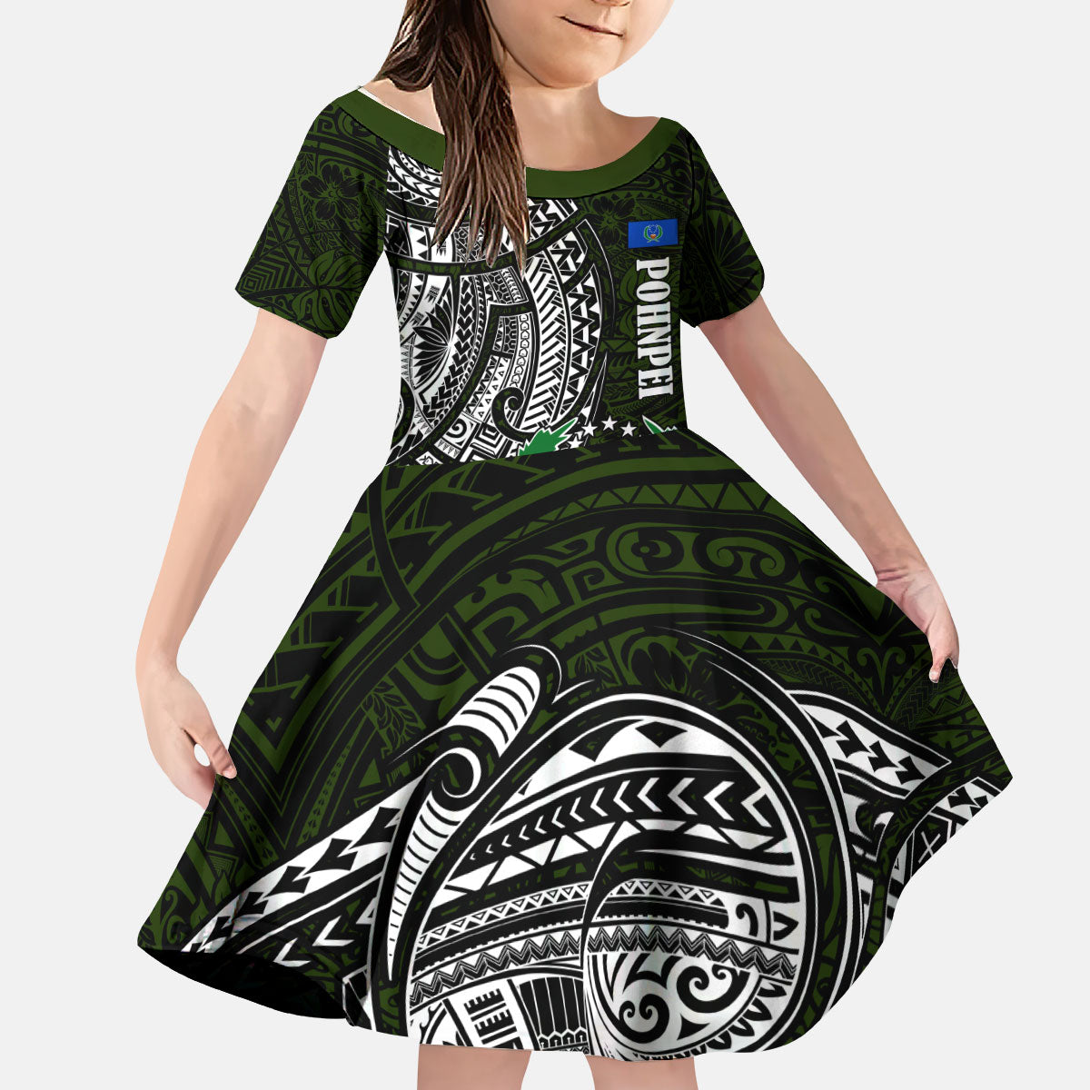 Pohnpei Federated States Of Micronesia Kid Short Sleeve Dress Polynesian Tribal Heritage Art With Kaselehlie State Seal