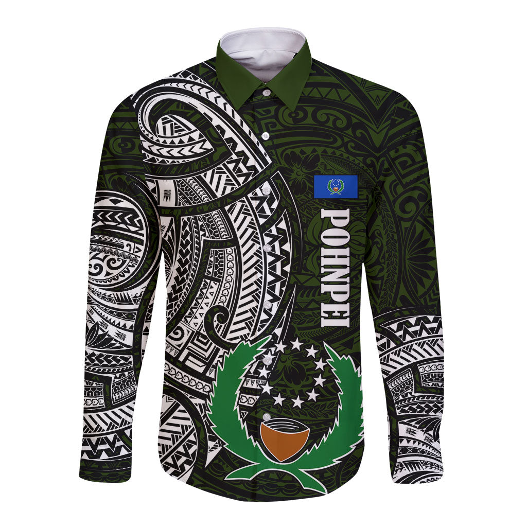 Pohnpei Federated States Of Micronesia Long Sleeve Button Shirt Polynesian Tribal Heritage Art With Kaselehlie State Seal TS04 Unisex Green White - Polynesian Pride